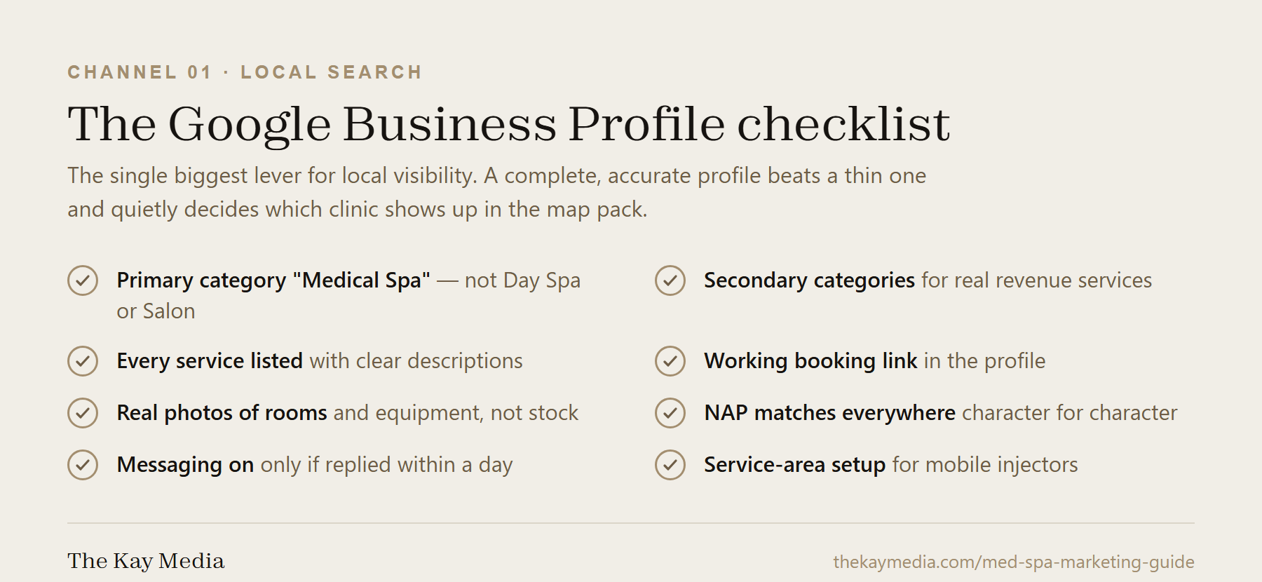 Google Business Profile checklist for a med spa: primary category Medical Spa, every service listed, real photos, matching NAP, and service-area setup